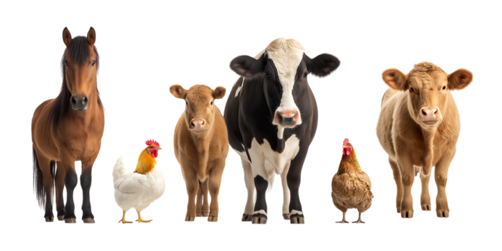 A group of different farm animals, including a horse, a cow, and a chicken, standing next to each other isolated on a transparent background
