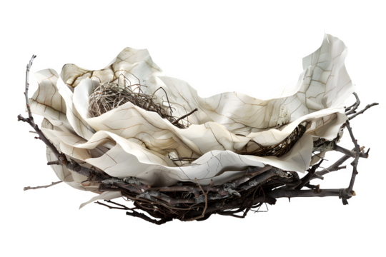Bird nest made from curled paper shreds and twigs, ultra-detailed composition with visible textures and depth, isolated object on white backdrop, softly lit scene 