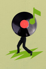 Abstract trend collage of person with gramophone plate dancing on green yellow background