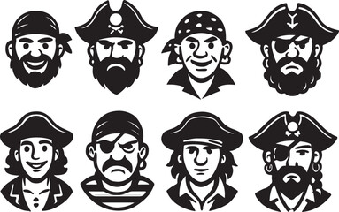 A set of 10 pirate characters in black and white vector style, isolated on white background, cartoon pirate heads and outfits.