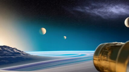 Telescope on an extraterrestrial rocky planet with a ringed gas giant and another spherical planet in the vibrant sky - Powered by Adobe