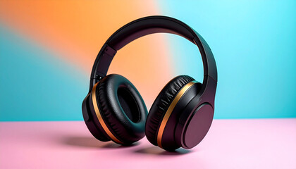 Naklejka premium Sound Serenity: Capturing the allure of modern audio with a striking, close-up shot of sleek headphones poised against a gradient of colors.