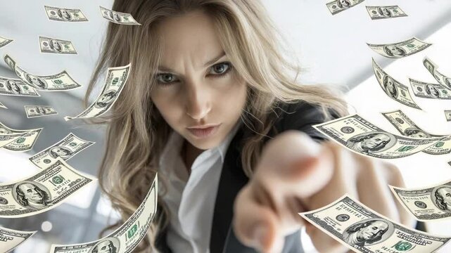 An assertive businesswoman gestures firmly, demanding attention amidst a backdrop of soaring dollar bills. The atmosphere is vibrant and reflects ambition and financial drive in the workplace