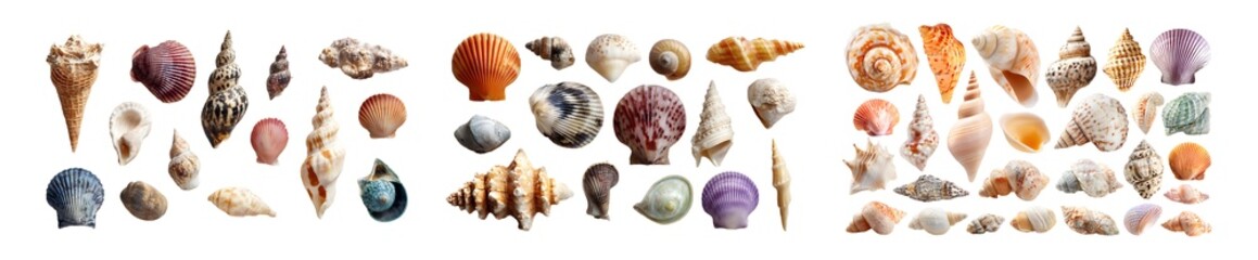 Obraz premium Collection of diverse seashells against a white background.
