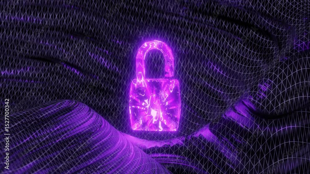 Wall mural glowing purple padlock over abstract digital mesh surface in dark space. cyber security and data enc