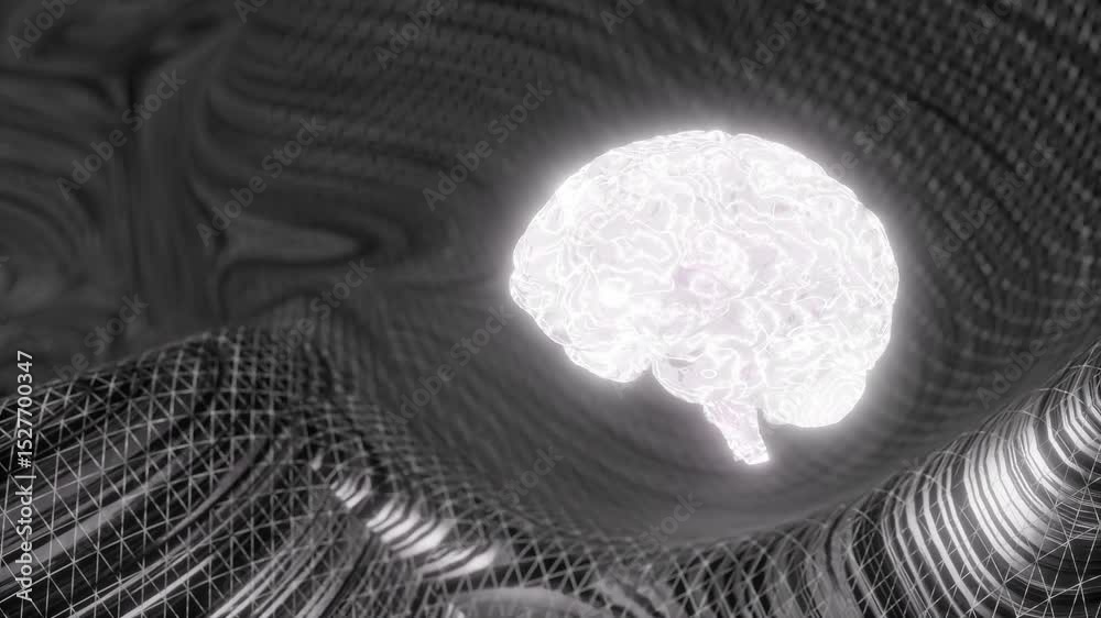 Sticker glowing white human brain above abstract digital mesh background. artificial intelligence and neural