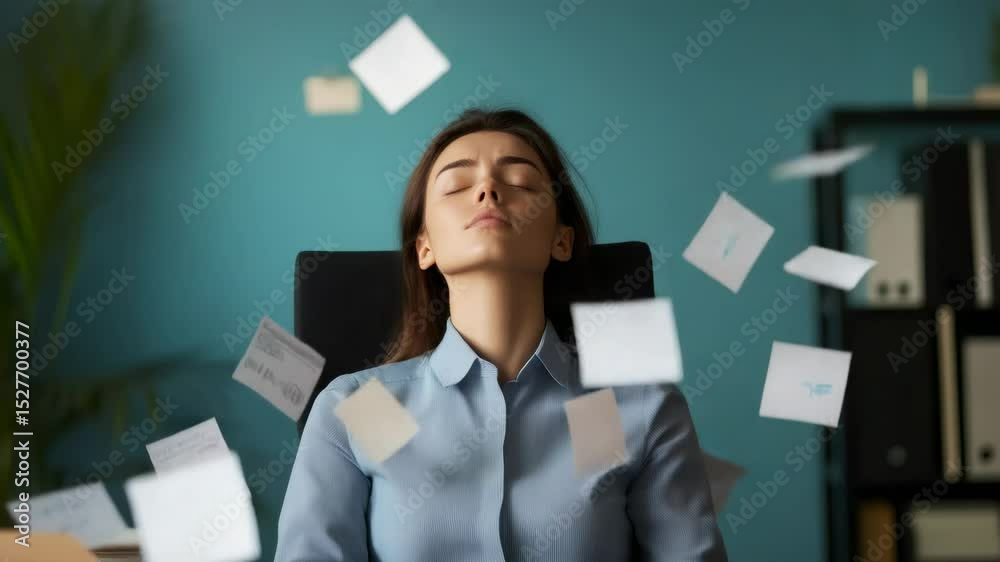 Aufkleber office worker resting with closed eyes while notes and documents fly around her head, suggesting str