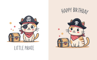 Set of postcards with pirate cats for kids. Little pirate and Happy Birthday. Vector illustration