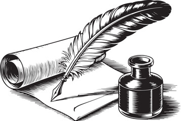 engraving vintage quill inkwell on parchment  vector art illustration, old vintage quill design.