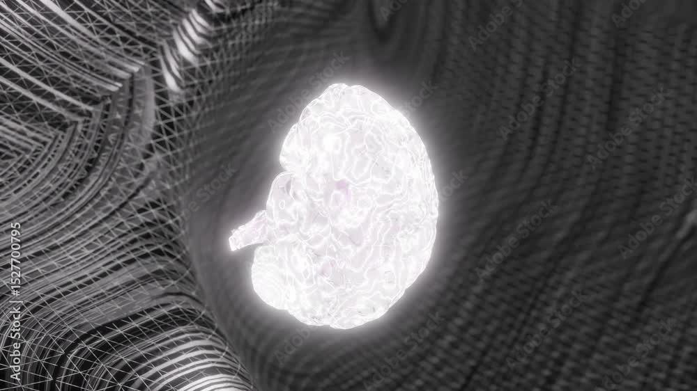 Sticker glowing white human brain above abstract digital mesh background. artificial intelligence and neural