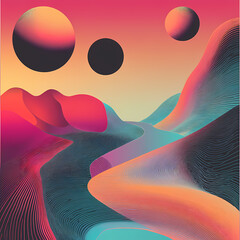 Abstract landscape with colorful waves and spheres in digital art Generative AI
