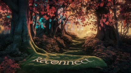Enchanted forest pathway with glowing autumn leaves and moss-covered ground featuring the word Reconnect illuminated in soft light