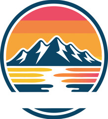 Mountain Lake Logo with Sunset Colors and Oval Frame Illustration Graphics