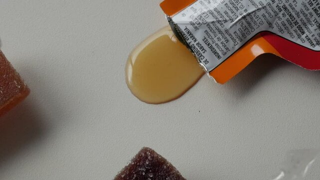 Close-up of sports supplement gel oozing out of a packet onto a flat surface