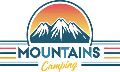 Mountains Camping Adventure Colorful Illustrated Mountainscape Logo with Sunset Hues and Bold Typography Design
