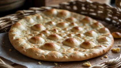 Freshly baked traditional flatbread on a wooden surface with a wicker basket in the background