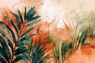 Abstract background with grass. Watercolor Painting of Tropical Plants and Exotic Leaves. Artistic and Elegant Composition with Organic Textures. Generative AI
