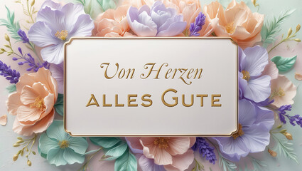 Elegant floral card with text "Von Herzen Alles Gute" meaning "Heartfelt Best Wishes" in German, surrounded by pastel flowers