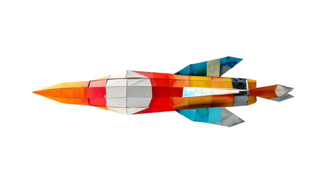 Rocket ship silhouette constructed from colorful toy blocks and metallic foil, playful sci-fi style, clean white tabletop, sharp overhead light creating crisp details