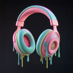 Vibrant pink and blue headphones with dripping paint effect on a dark background