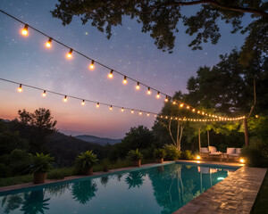 Fototapeta premium A serene outdoor pool area at dusk, illuminated by string lights. Lush greenery surrounds the pool, with mountains visible in the background.