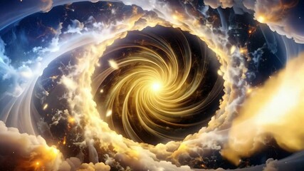 Dreamy swirling vortex of light and clouds against a star-filled sky backdrop generating feelings of awe and wonder with ethereal golden glowing hues