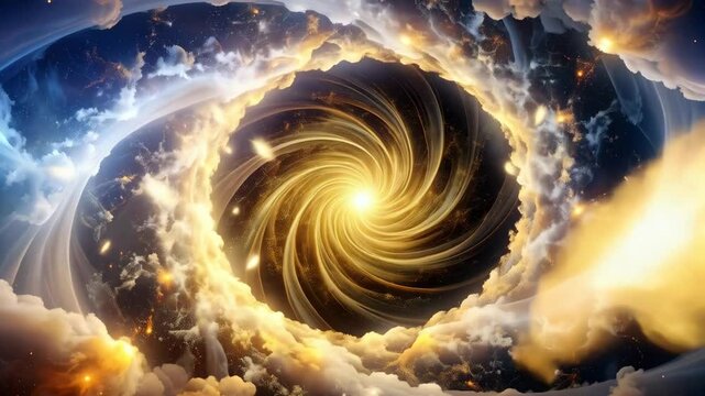 Dreamy swirling vortex of light and clouds against a star-filled sky backdrop generating feelings of awe and wonder with ethereal golden glowing hues