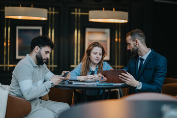 Colleagues collaborating at a table, reviewing documents and ideas in a professional space.