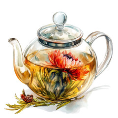 Glass Teapot With Blooming Tea Inside, watercolor painting vector, high quality, isolated on a white background.