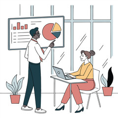 Business Presentation with Pie Chart and Bar Graph in a Modern Office Setting