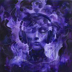 A person with closed eyes enjoys music surrounded by vibrant purple swirls