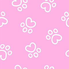 Seamless pattern with cute dog or cat paw. Hand drawn fun childish print. Pink and white colors. Vector line illustration
