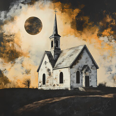 Church stands under an eclipse with dramatic skies at sunset Generative AI