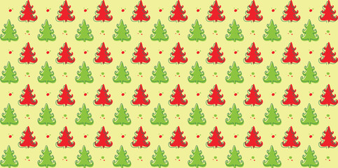 Flat green tree with festive Christmas patterns