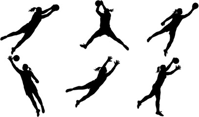 Set isolated Silhouette of female goalkeeper jumping to save goal. Female goalie during the save of a shot. Vector illustration.
