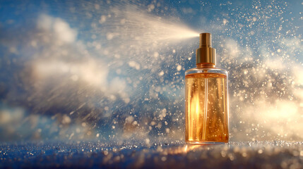 爽やかな空と雲を背景に黄金色のスプレーボトルがミストを放つ夏の美容イメージ（美容・コスメ・夏）