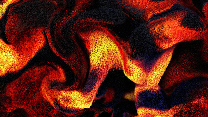 Abstract dynamic pattern with lots of small glowing spheres in shades of red orange yellow and black creating a choatic wavy fluid-like effect