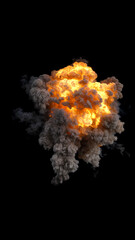Dense Large Aerial Explosion cloud in varying Orange and LightGrey with Billowing and turbulent Smoke on a black background