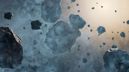 Lots of asteroids floating in space with a hazy smoky atmosphere and a yellow light source in the background casting a glow on the rocks