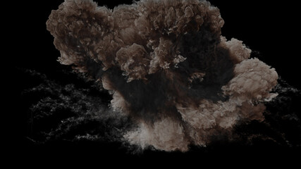 Isolated large and massive dark colored explosion with dense smoke and clouds spreading outwards on a black background