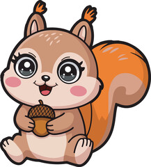 Fototapeta premium Cute Cartoon Squirrel Holding Acorn – Kawaii Forest Animal Illustration for Kids