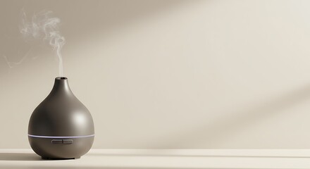 Elegant Dark Grey Aroma Diffuser with Steam on Beige Background