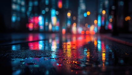 Obraz premium City street at night, wet asphalt reflecting vibrant lights