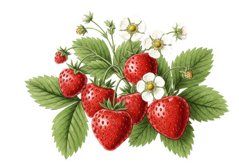 Isolated Strawberries Flowers Vintage Botanical Illustration