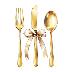Golden Cutlery Set With Ribbon Tie, watercolor vector, high quality, isolated on a white background.