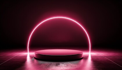 Pink neon light product background stage or podium pedestal on grunge street floor with glow spotlight and blank display platform. 3D rendering.