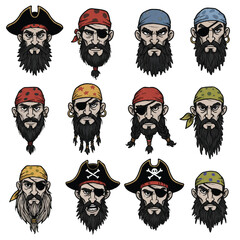 A set of 10 pirate characters in black and white vector style, isolated on white background, cartoon pirate heads and outfits.