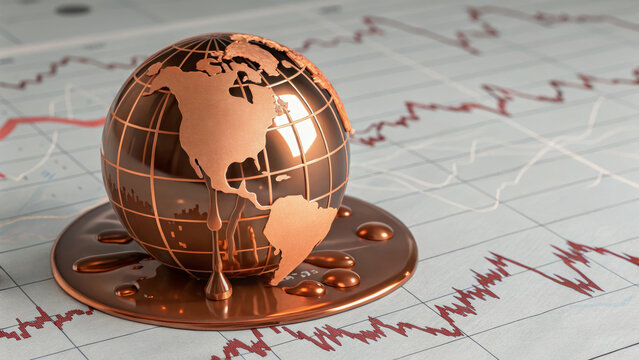Global copper market concept. A metallic globe on a graph with rising trends.