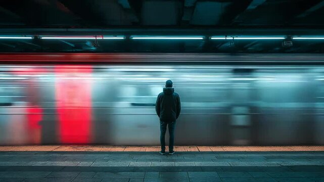 A lone figure stands on a subway platform, watching a speeding train with streaks of red and blue lights.