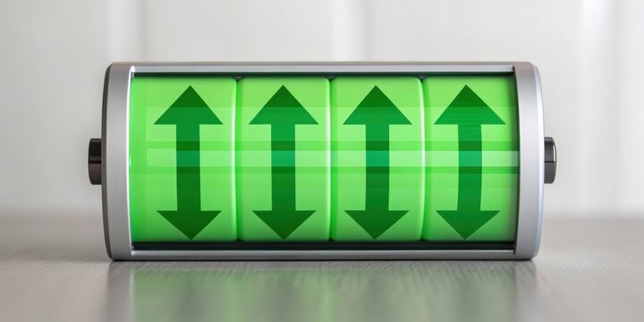 Green battery icon with upward and downward arrows representing energy flow.